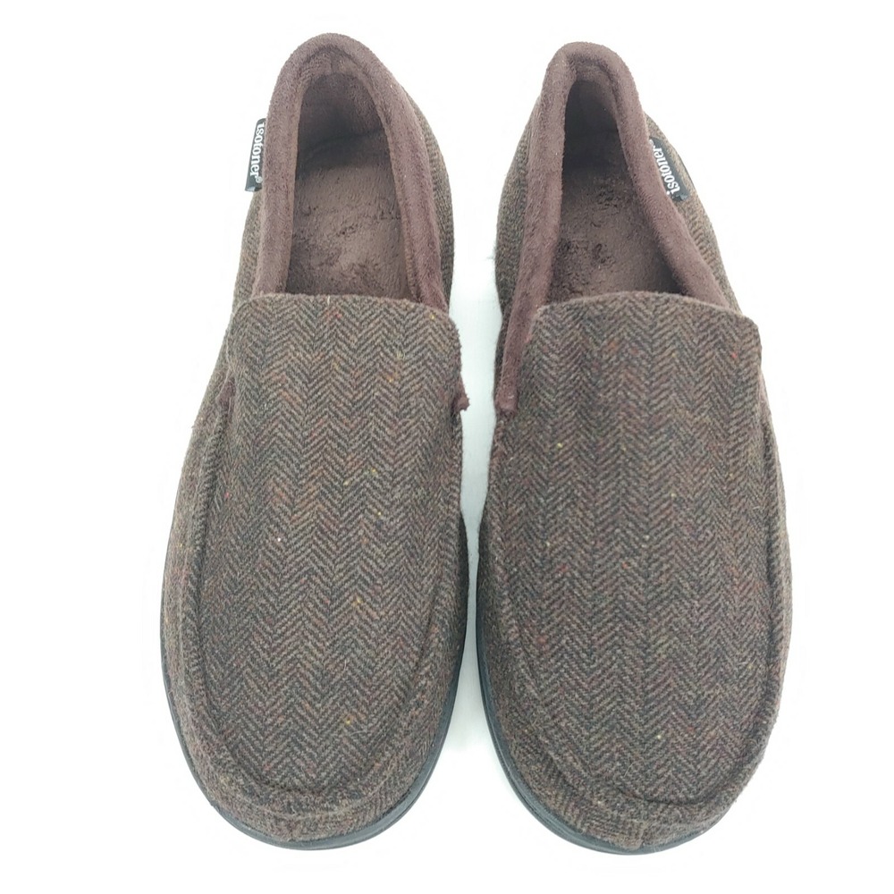 Isotoner Shoes Mens Slip On Moccasin Slipper Brown Herringbone Lined 10-11